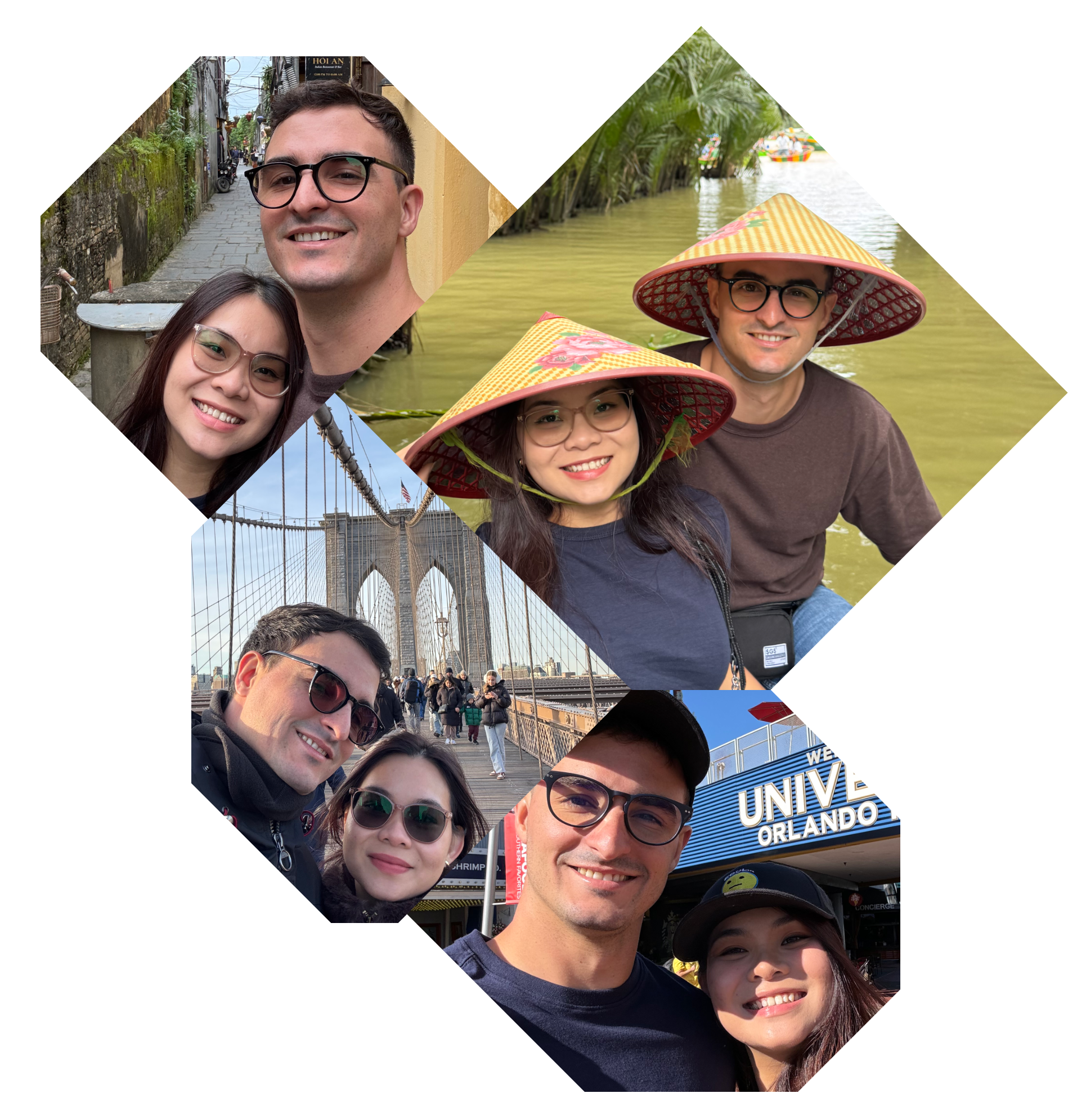 The Suarez-Ngo family in Hoi An, on the Mekong River, and back home in Florida and New York, in a diamond photo collage