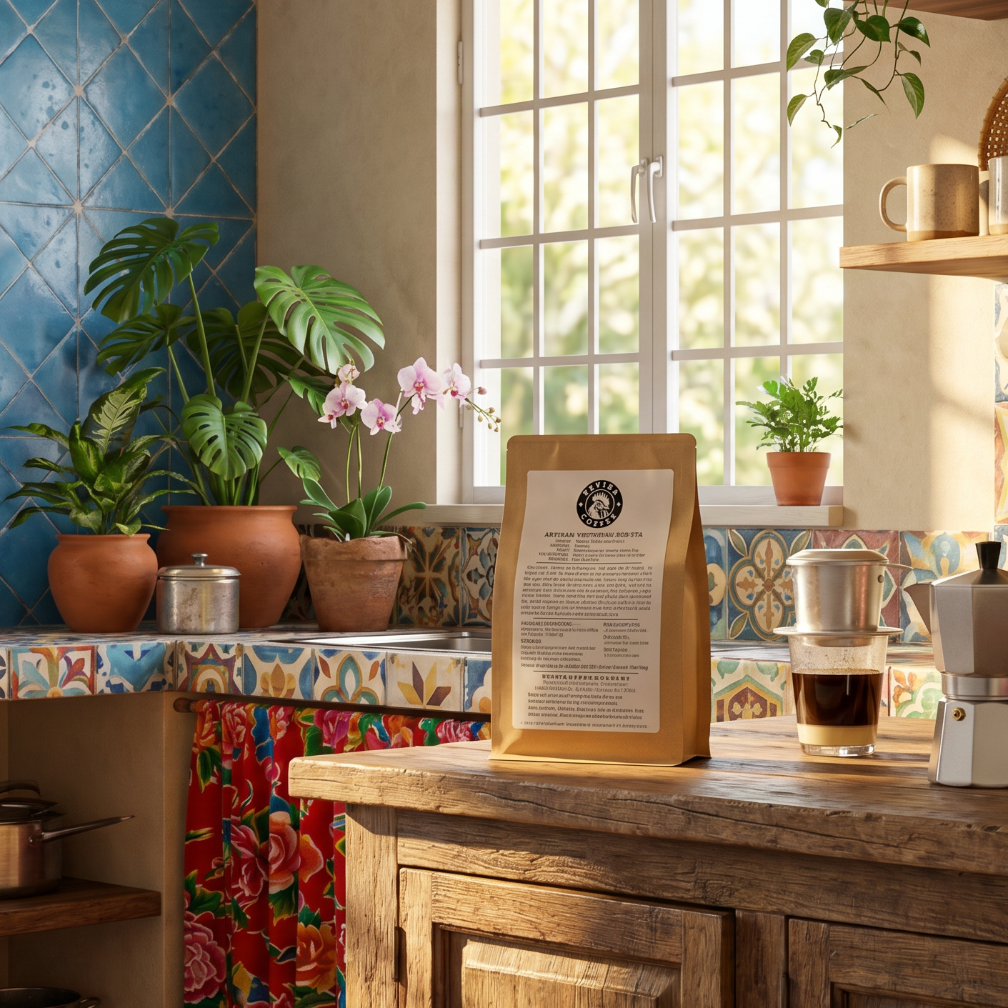 A kraft paper bag of coffee with a visible Feviba logo stands on a rustic wooden counter in a warm, sunlit kitchen setting with plants, patterned tile, and coffee-making accessories.