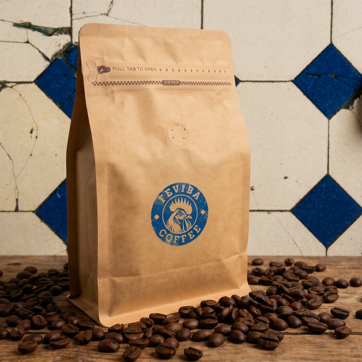 A kraft paper coffee bag with a blue circular 'FEVIBA COFFEE' logo stands on a wooden surface scattered with coffee beans, against a tiled wall with blue and white diamond patterns.